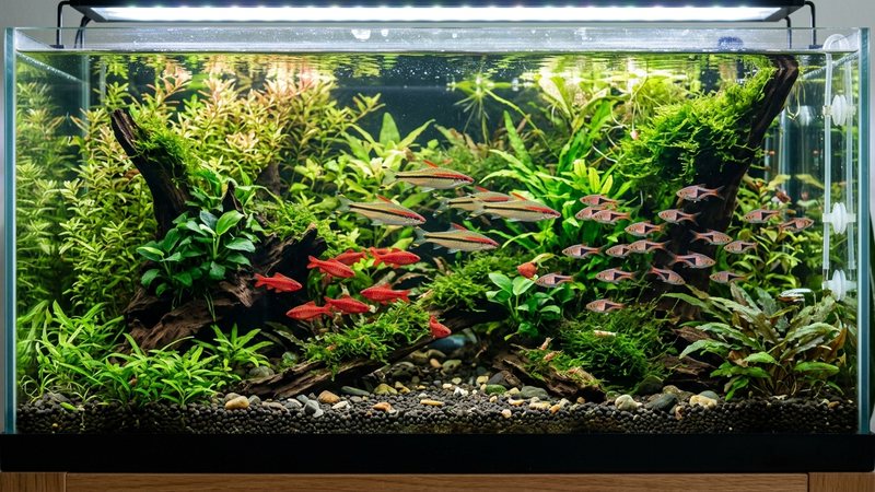 un acuario comunitario asiático con barbos Denison acompañados de barbos cereza y rasboras en la franja media, plantas verdes y agua cristalina, ambiente sano y equilibrado