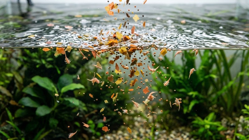 pequeñas escamas y gránulos de comida para peces cayendo sobre la superficie del agua de un acuario limpio, con algo de alimento congelado tipo artemia disperso, sin manos ni utensilios