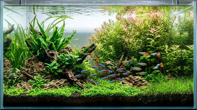 un acuario de agua dulce plantado y sano, con agua perfectamente cristalina, plantas verdes exuberantes y varios peces de colores vivos nadando tranquilos en primer plano