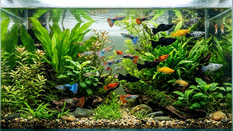 un acuario comunitario saludable con guppys y mollys de colores vivos nadando entre plantas verdes y agua transparente, todos con aspecto vigoroso