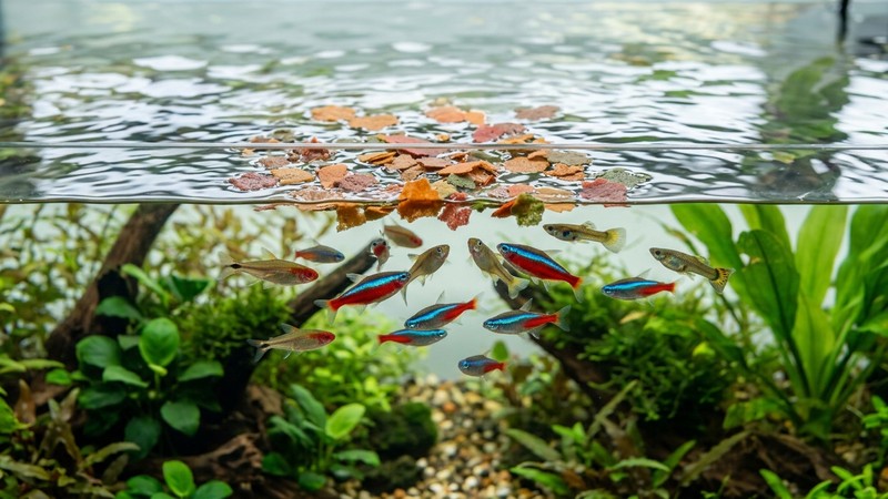 escamas de comida para peces en reposo sobre la superficie del agua de un acuario limpio, con peces sanos esperando debajo