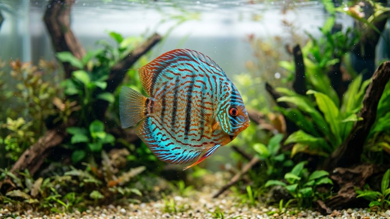 un pez disco adulto de colores intensos y cuerpo bien formado, nadando en un acuario cristalino y limpio con fondo desenfocado