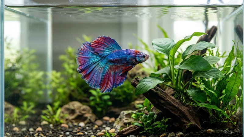 un pez betta de aletas amplias y colores brillantes, sano y activo, nadando en un acuario limpio de agua cristalina con una planta verde al lado