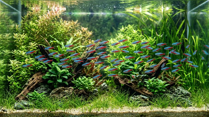 varios peces tetra de colores vivos nadando en cardumen dentro de un acuario plantado y sano, con agua cristalina y buena iluminación natural