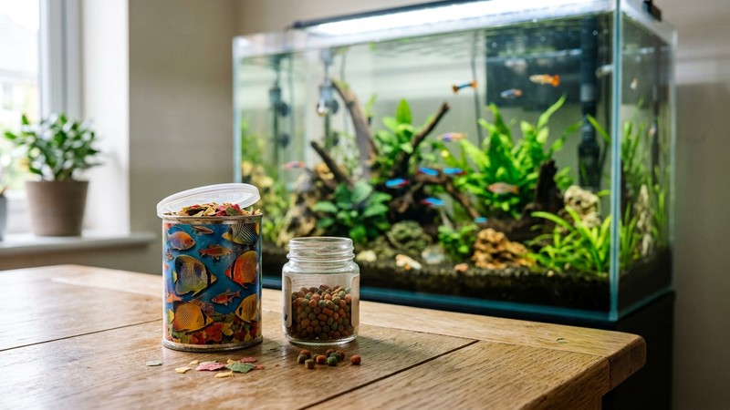 un bote de comida en escamas para peces y unos pellets en reposo sobre una mesa de madera clara, junto a un acuario cristalino desenfocado al fondo