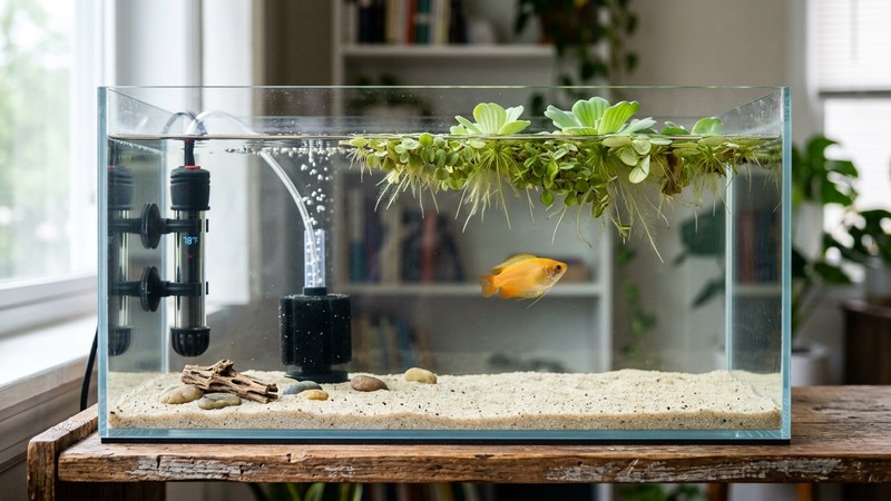 un acuario de cuarentena limpio y sencillo con agua cristalina, un calentador y unas plantas flotantes, con un pez nuevo sano nadando en calma