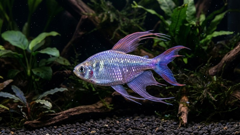 un tetra diamante macho adulto con las aletas dorsal y anal largas y filamentosas, brillando con reflejos plateados y violetas sobre un fondo oscuro de acuario