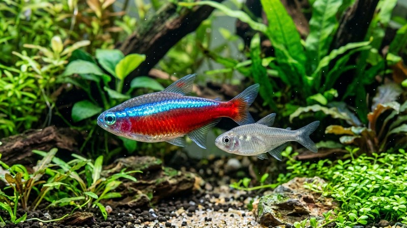 un tetra diamante joven de color gris apagado nadando junto a un adulto de escamas brillantes en un mismo acuario plantado, mostrando el contraste entre ambos