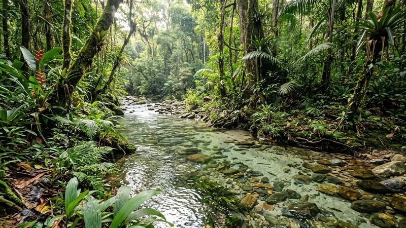 un arroyo tropical de aguas claras y blandas con vegetación en las orillas y luz filtrada, ambiente natural venezolano