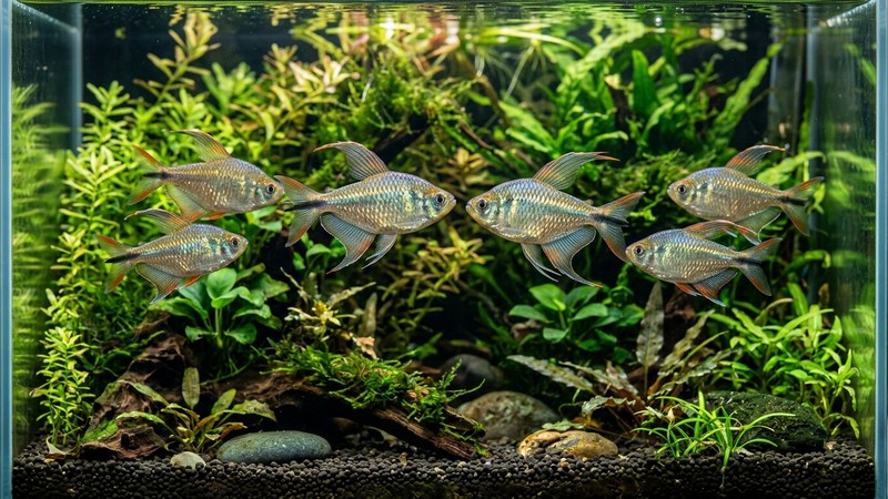 varios tetras diamante machos exhibiéndose entre ellos con las aletas desplegadas y máximo brillo en un acuario plantado