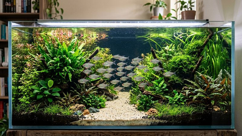 un acuario amplio y plantado con vegetación en los laterales y un carril central despejado por donde cruza un cardumen de tetras diamante plateados