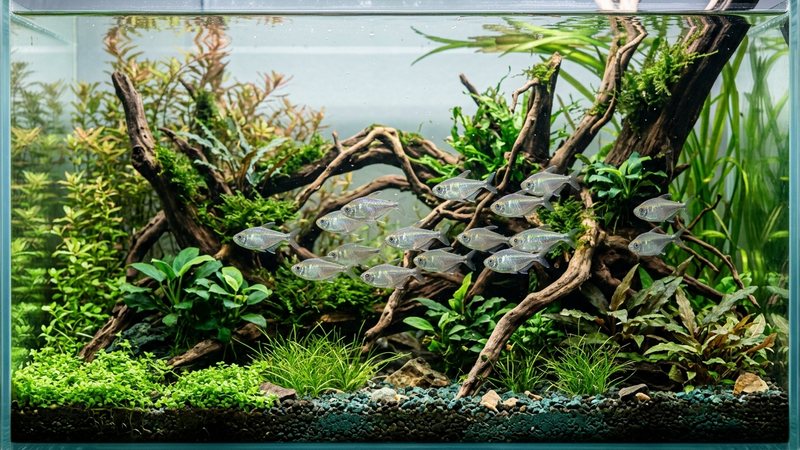 un acuario plantado de agua cristalina con troncos y raíces sumergidas y un grupo de tetras diamante nadando en la zona media