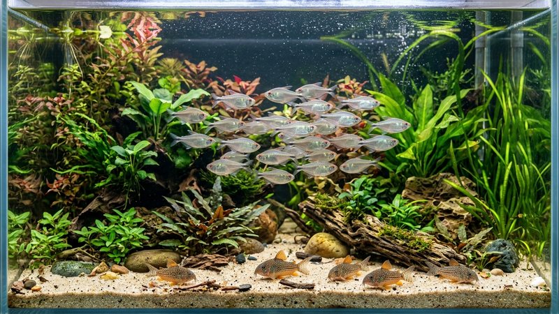 un acuario comunitario plantado con un cardumen de tetras diamante plateados en la zona media y unas corydoras tranquilas explorando el fondo de arena