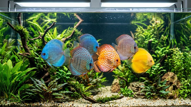 varios peces disco de distintas variedades y colores vivos nadando juntos en un acuario limpio