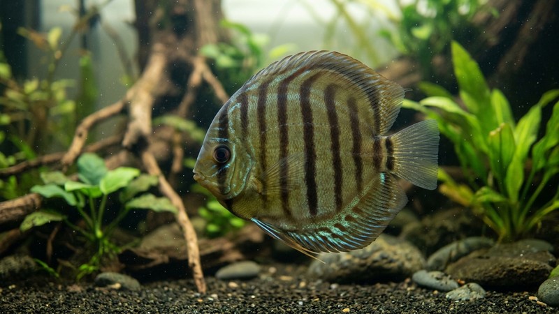 un pez disco tranquilo con las barras verticales del cuerpo bien marcadas mostrando su patrón, en agua clara