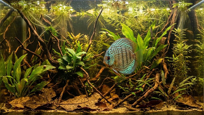 un acuario de aguas ambarinas teñidas por hojas y raíces, con un pez disco entre la vegetación