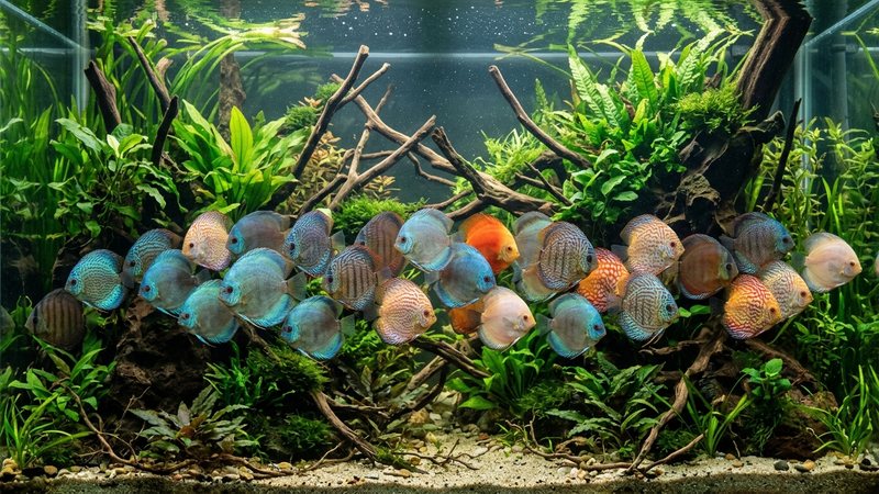 un gran cardumen de peces disco moviéndose juntos con calma en un acuario espacioso