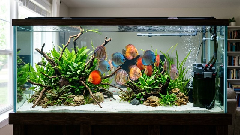 un acuario grande y espacioso con un grupo de peces disco sanos y una buena filtración
