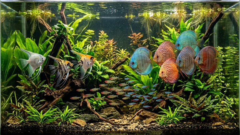 un acuario comunitario cálido con peces disco conviviendo con escalares y pequeños tetras entre plantas