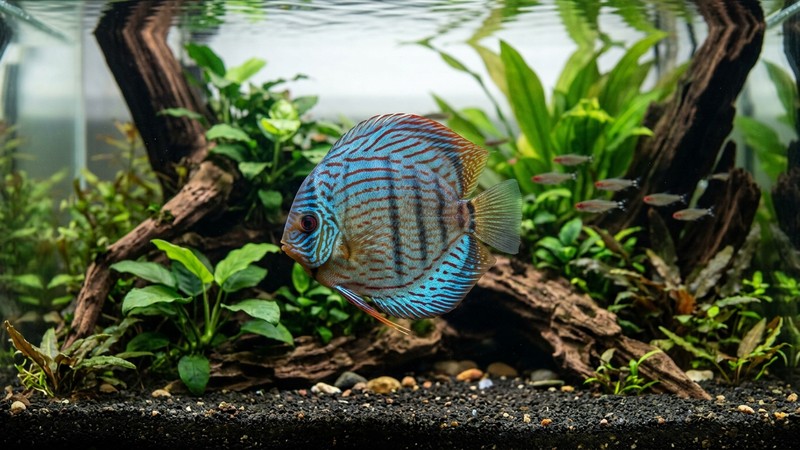 un pez disco robusto, gordito y activo seleccionado en un acuario limpio y bien iluminado