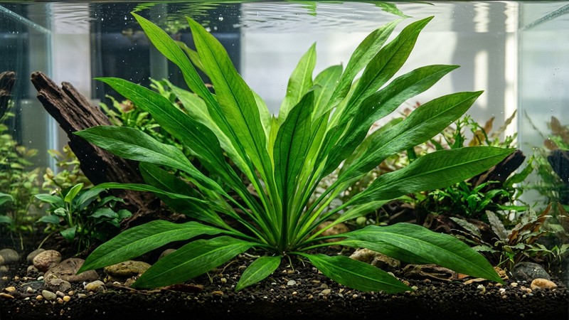 una roseta de espada amazónica con hojas alargadas en forma de lanza de un verde intenso abriéndose en abanico dentro de un acuario limpio