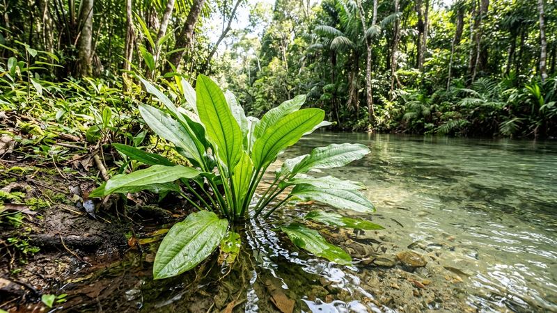 una espada amazónica frondosa medio sumergida en la orilla de un río tropical de aguas claras con luz de sol