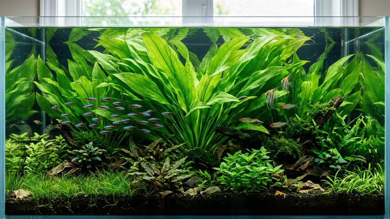 una espada amazónica grande y frondosa dominando el fondo de un acuario plantado alto y espacioso de agua transparente