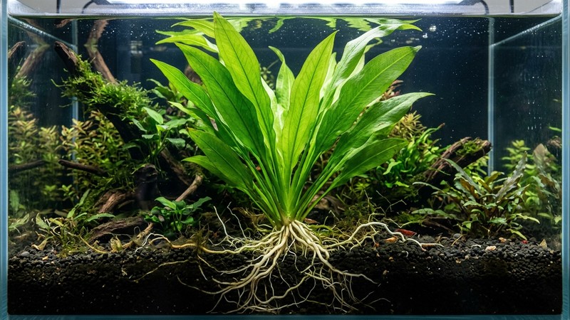 una espada amazónica sana con raíces blancas gruesas hundidas en un lecho de sustrato nutritivo oscuro dentro de un acuario cristalino