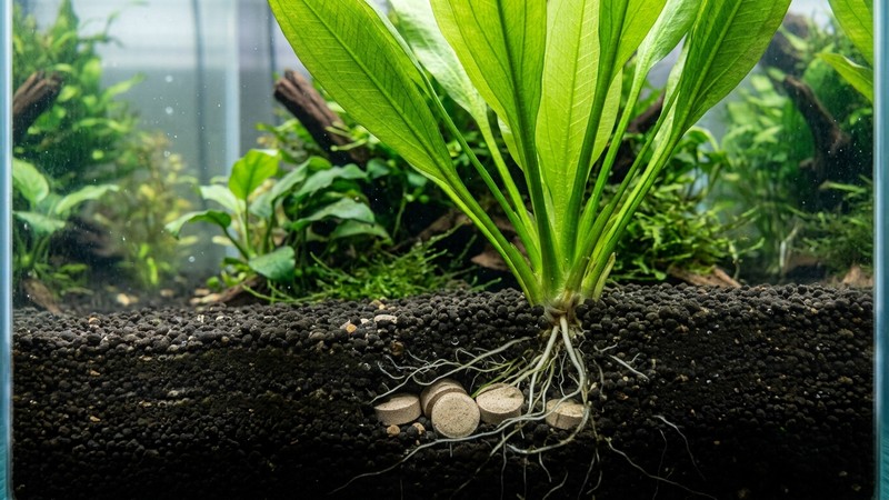 unas tabletas de abono redondas junto a la base de una espada amazónica plantada en sustrato profundo de un acuario limpio