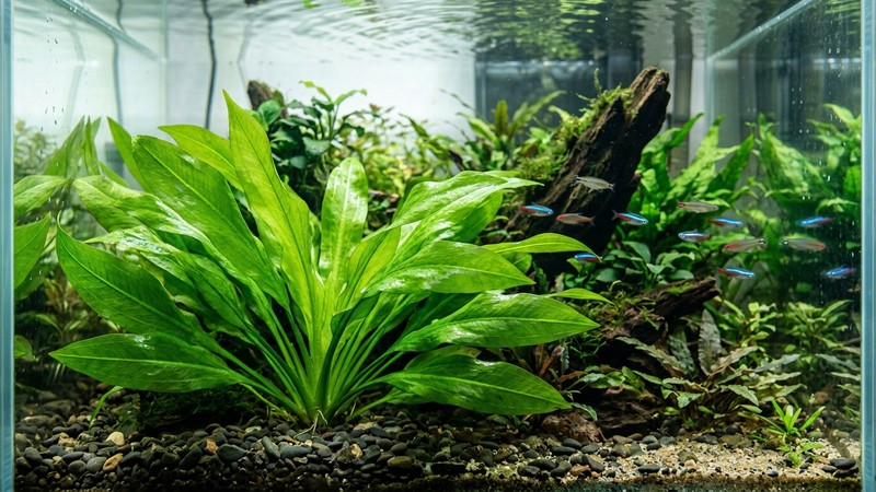 las hojas verdes y brillantes de una espada amazónica sana y vigorosa en primer plano dentro de un acuario de agua cristalina