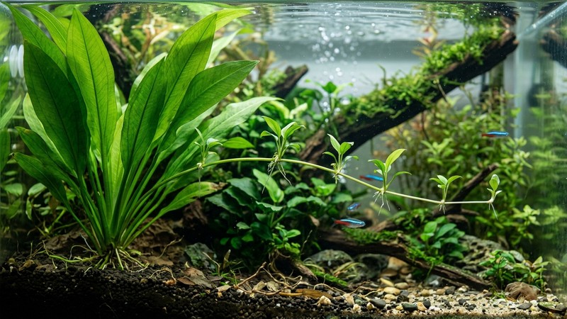 una espada amazónica madre con un tallo largo del que brotan pequeñas plantitas hijas con hojas propias en un acuario plantado y claro