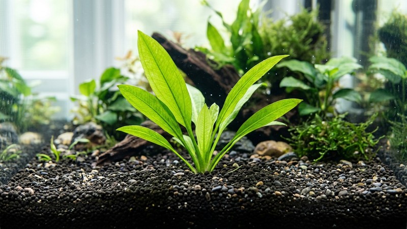 una espada amazónica pequeña recién plantada con varias hojas nuevas en una zona de sustrato de un acuario cristalino y limpio