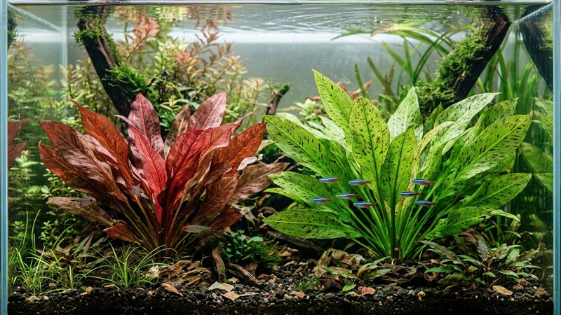 una espada amazónica de la variedad rubin con hojas rojizas junto a otra de hojas verdes salpicadas de puntos en un acuario plantado