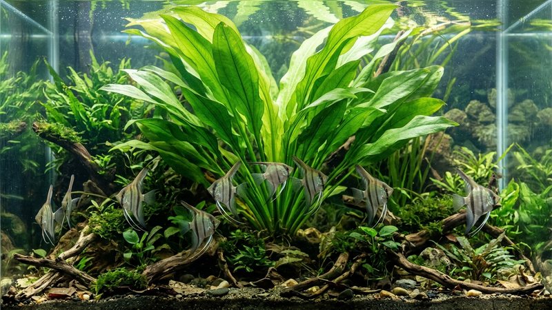 un acuario grande sudamericano con una espada amazónica central que da sombra y refugio a peces escalares elegantes en agua clara