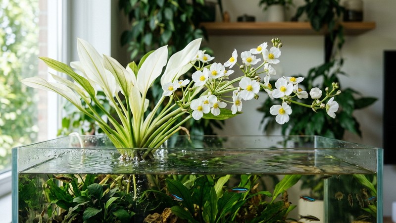 una espada amazónica grande emergida sacando hojas y flores blancas de estambres amarillos fuera de la superficie de un acuario abierto