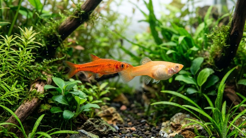dos peces nano naranjas, uno más intenso y esbelto y otro más pálido y redondeado, nadando juntos entre plantas de un acuario