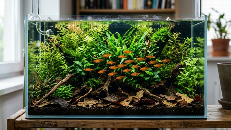un nano acuario plantado muy denso con madera y hojas secas en el fondo oscuro y un grupo de pequeños tetras naranjas entre las plantas