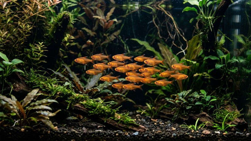 un cardumen numeroso de veinte tetras ámbar naranjas nadando coordinado y relajado en la zona media de un acuario plantado oscuro
