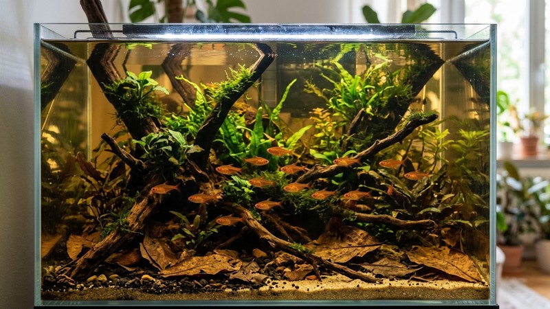 un acuario ambientado con madera, hojas de almendro indio y agua ligeramente ambarina donde nadan pequeños tetras naranjas