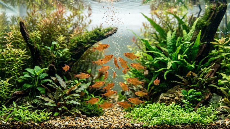 pequeñas partículas finas de alimento cayendo lentamente a media agua mientras un cardumen de tetras ámbar sube a comerlas en un acuario plantado