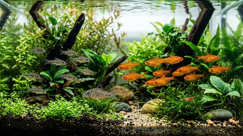 un comunitario nano equilibrado con un cardumen de tetras ámbar naranjas, corydoras pigmeas en el fondo y un camarón enano entre plantas verdes