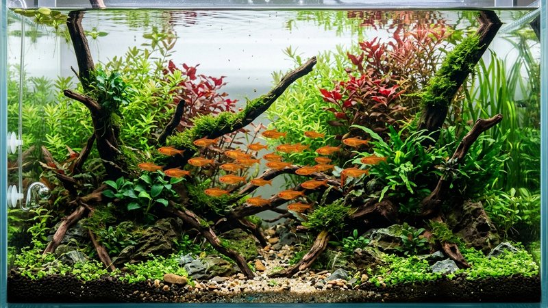 un paisaje acuático de aquascaping con plantas verdes y rojas, maderas y un cardumen de brasas naranjas de tetra ámbar cruzando la zona media