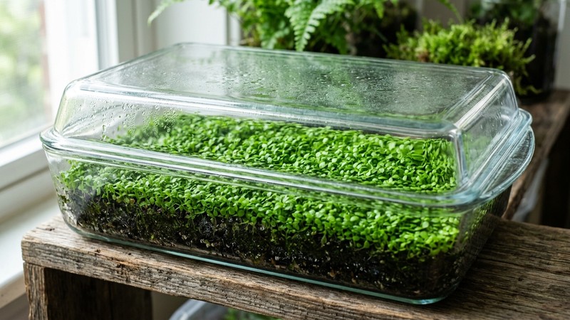 una bandeja de plantas tapizantes verdes creciendo en emerso bajo una tapa transparente de cristal, con el sustrato húmedo oscuro y las hojas pequeñas apretadas iluminadas por luz natural suave