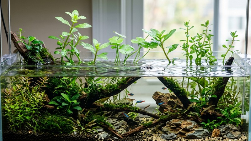 un acuario con plantas de hojas emergidas asomando sobre la superficie del agua cristalina, tallos verdes que salen al aire con hojas frescas, junto a rocas y un tronco