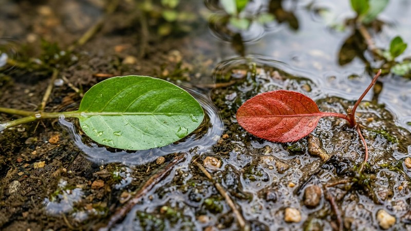 dos hojas de la misma planta acuática mostradas lado a lado, una ancha y verde de fase sumergida y otra pequeña y rojiza de fase emergida, sobre un fondo de sustrato húmedo