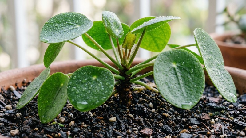 un primer plano de hojas emergidas sanas de un tallo verde intenso, con gotas de rocío finas sobre la superficie y raíces gruesas hundidas en sustrato oscuro