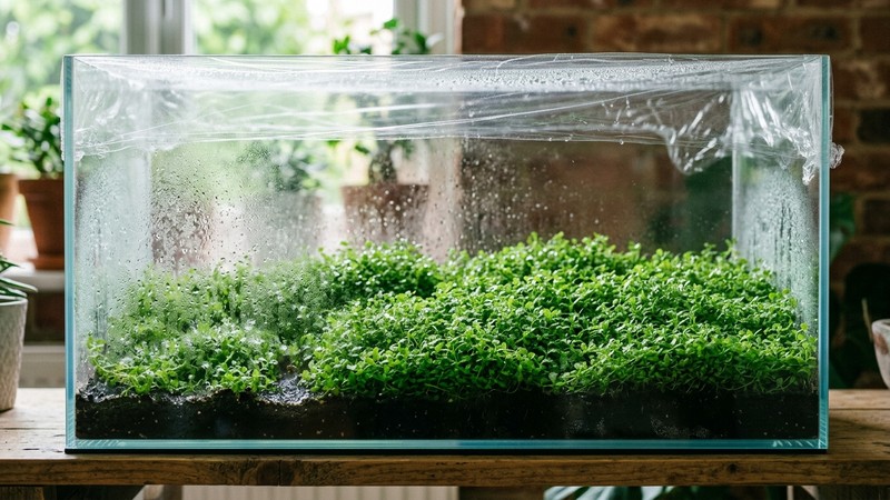 un tapiz verde denso de tapizante recién cultivado en dry start dentro de un acuario sin agua, con film transparente por encima y condensación fina en el cristal