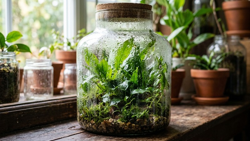 un invernadero casero de plantas acuáticas dentro de una urna de cristal cerrada, con abundantes gotas de condensación resbalando por las paredes y hojas verdes húmedas al fondo
