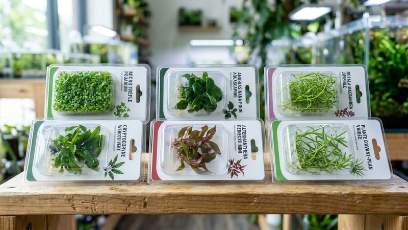 varias plantas de acuario en cultivo emerso vendidas en botes transparentes cerrados tipo blíster, con gel nutritivo y hojas frescas verdes limpias sin plagas, sobre una superficie clara