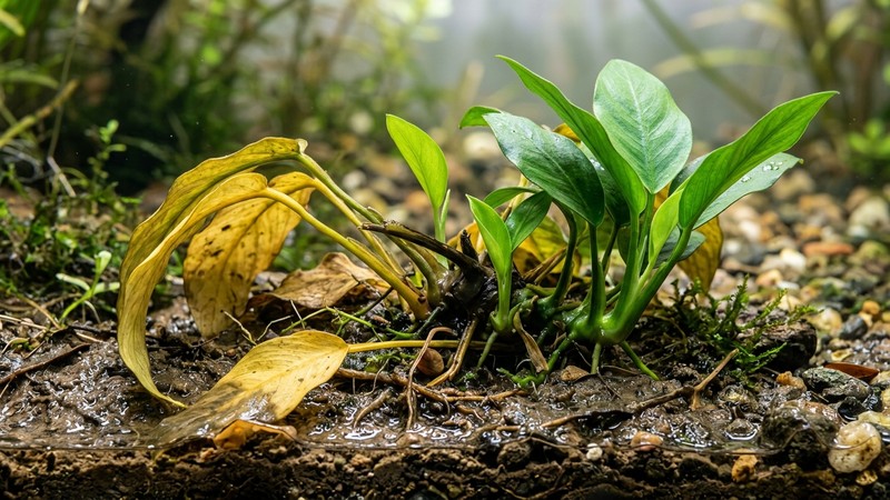 una planta acuática en transición con hojas viejas amarillentas cayendo mientras brotan hojas nuevas verdes y firmes desde la base, sobre sustrato húmedo